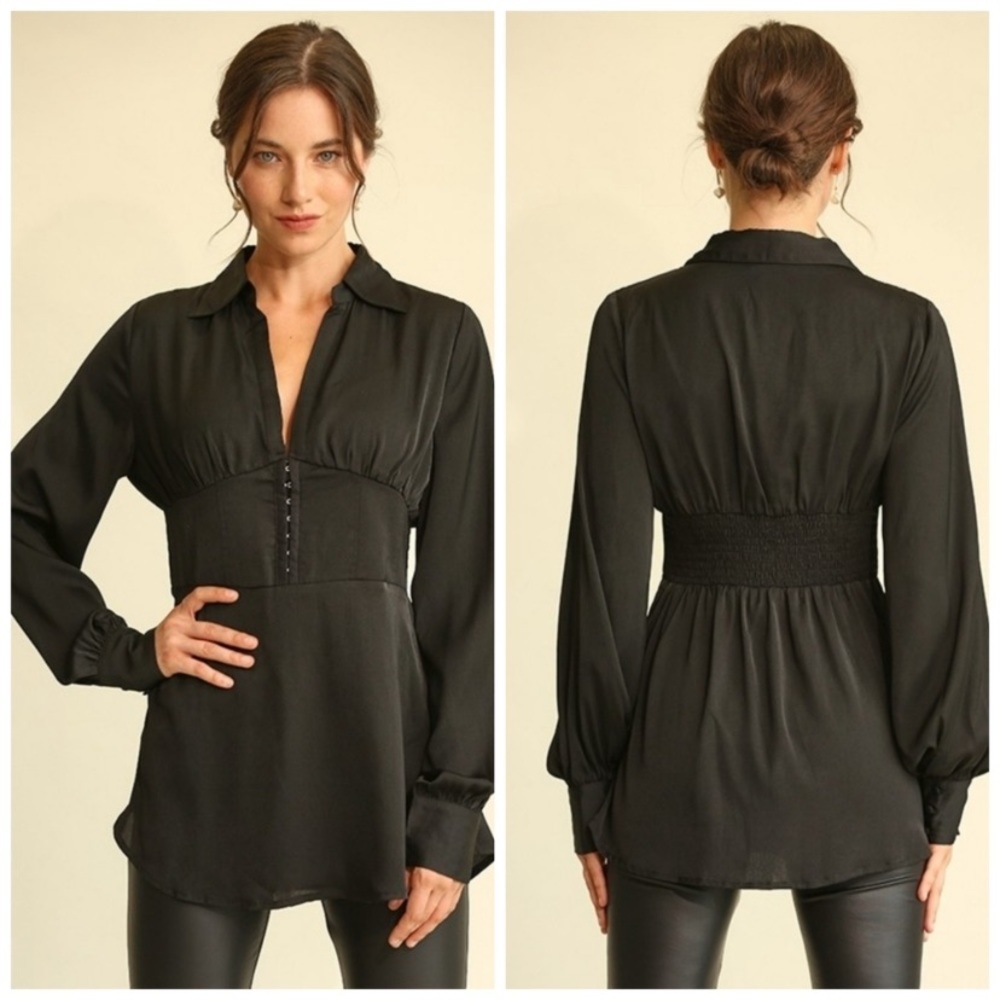 NEW BLACK SATIN DEEL AND PLUNGE CORSET BLOUSE - Picture 4 of 6